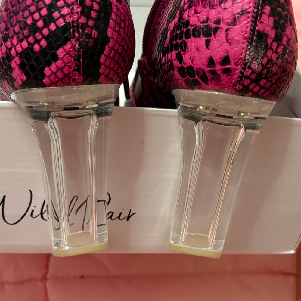 Wild Pair Fuchsia Snake Print Boots with Clear Heels. - Picture 4 of 9